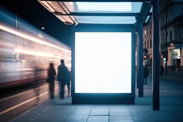 Mockup of a commercial information panel or advertising screen at a city bus stop with silhouettes of people. Generative ai.