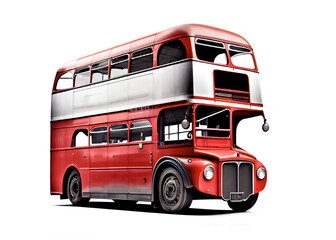 Illustration of vintage red double decker bus on white background, AI Generated image. - obrazy, fototapety, plakaty
