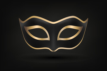 Vector 3d Realistic Black and Golden Carnival Face Mask on Black Background. Mask for Party, Masquerade Closeup. Design Template of Mask. Carnival, Party, Secret, Hero, Stranger Concept