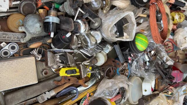A flea market of old rusty things and tools.