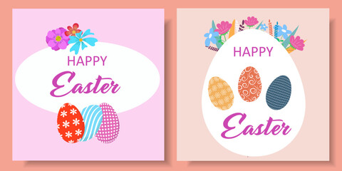 Obraz na płótnie Canvas Happy Easter set of banners, greeting cards, posters, holiday covers. Trendy design with typography, hand painted plants, dots, eggs and pastel colors. Minimalist contemporary art style.