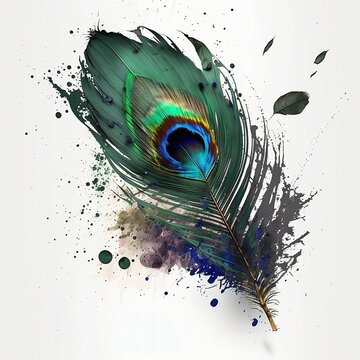 Feathers in splashes of paints. Peacock feathers on a light background. Generative AI.