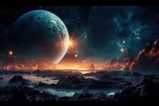 Panorama view universe space. Cosmic landscape, beautiful science fiction wallpaper with endless deep space. Elements of this image furnished by NASA. Generative AI