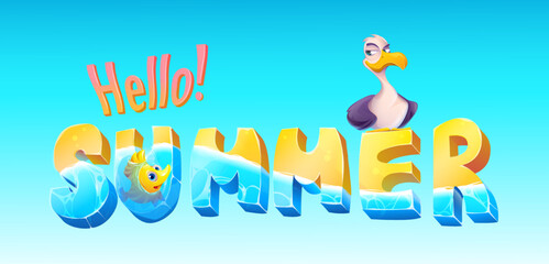 Hello summer banner. Abstract colorful background with beach vibes. Poster or cover with bright inscription, tropical and exotic bird and fish. Cartoon flat vector illustration