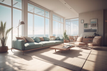 Naklejka na ściany i meble Modern living room with a view of the beach, created with Generative AI Technology