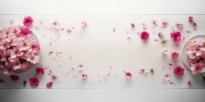 Pink flowers on white wooden table, background for holidays, image generated with AI