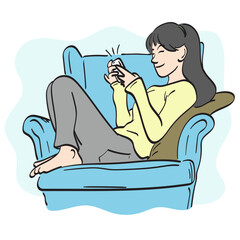 line art woman using smartphone on sofa illustration vector hand drawn isolated on white background