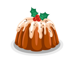Traditional Christmas Food. Sweet dessert for Xmas party. Delicious cake or baking with icing and cream. Festive meal for winter holiday. Cartoon flat vector illustration isolated on white background