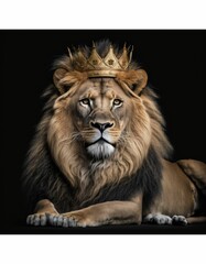 Obraz na płótnie Canvas lion wearing crown, wildlife photography, sparkling eyes, realistic, Generative AI