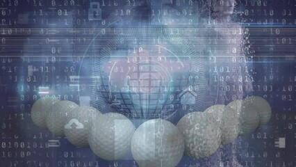 Animation of glitch effect over golf balls, binary coding and round scanner against blue background
