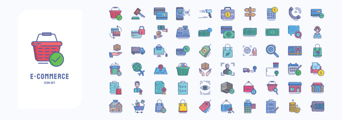 e-commerce and digital marketing icon set including icons like Auction, Bank, Currency, Discount and more