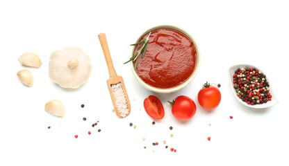 Bowl of tasty tomato paste, peppercorn and garlic isolated on white background