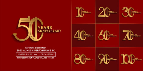 set of anniversary logotype golden color with red color background for special celebration event