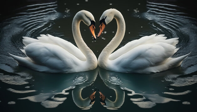 two white swans on the water, looking at each other, curved necks in the shape of a heart, swan fidelity