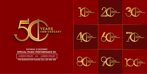 set of anniversary logotype golden color with red color background for special celebration event