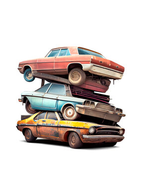 Stack of old junk cars on empty background, AI Generated image.