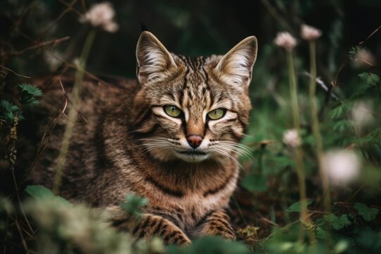 Small, adorable cat lying in the grass. A young bobcat follows its prey through the woods. stripes, pointy whiskers, and ears. trees, flowers, woodlands, and grass. animal controlled photo shoot with