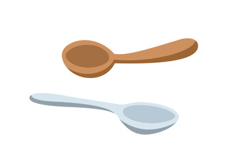 Wooden and metal spoon. Kitchen utensils, equipment for cafe or restaurant. Dining, breakfast and eating tools collection. Cartoon flat vector illustrations isolated on white background