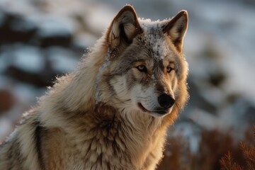 In the highlands, a wolf. In the highlands, a dog. Winter Wolf Mountain creatures. Generative AI