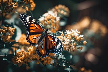 Monarch butterfly pollinating flowers in the summer day, soft background. Generative AI