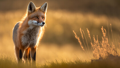 a hunting male fox grazing the meadows