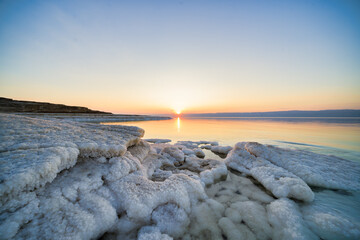 Sunset and Dead Sea salt crystals, Jordan
