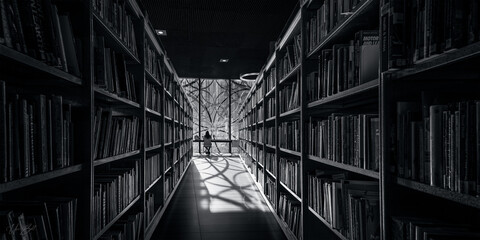 Black and white internal photo of Birmingham library with books and lone person reading.