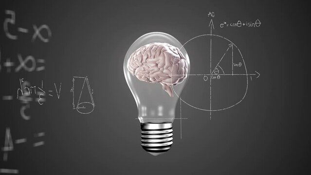 Animation of mathematical equations, diagrams over human brain in light bulb on abstract background