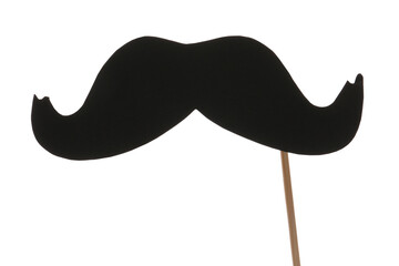 Wooden stick with paper mustache on white background, closeup