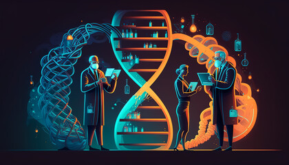 Genetic scientists in the lab. Genome and DNA code science research. Generative AI.