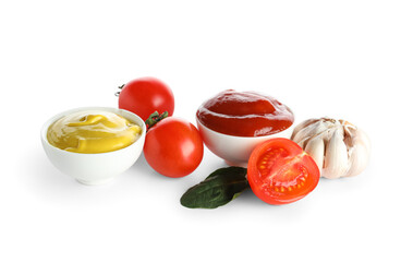 Bowls with different sauces and ingredients isolated on white background