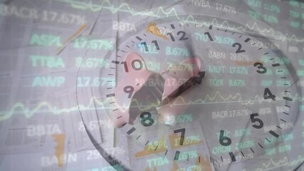 Animation of clock over trading board against piggy bank falling on table and breaking in two pieces - Powered by Adobe