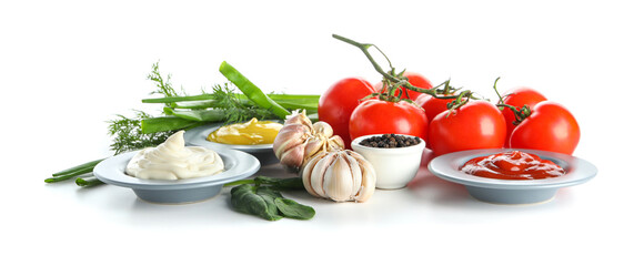 Bowls with different sauces and ingredients isolated on white background