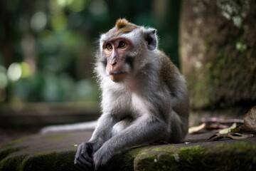 Naklejka na ściany i meble In the Ubud Monkey Forest, a long tailed macaque is lounging on a sidewalk. The Balinese long tailed monkey's sanctuary and natural home is the Ubud Monkey Forest. Bali, Indonesia's Ubud. Generative