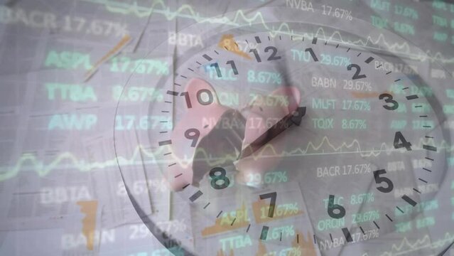 Animation of clock over trading board against piggy bank falling on table and breaking in two pieces