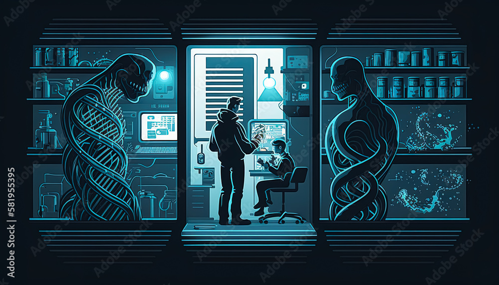 Wall mural scientists researching a alien in a secret laboratory. generative ai.