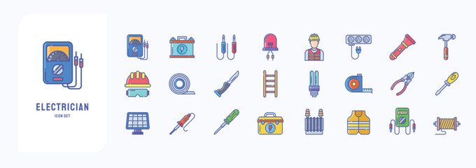 Electrician and electrical work icon set including icons like Ammeter, Battery, Cable, Diode and more

