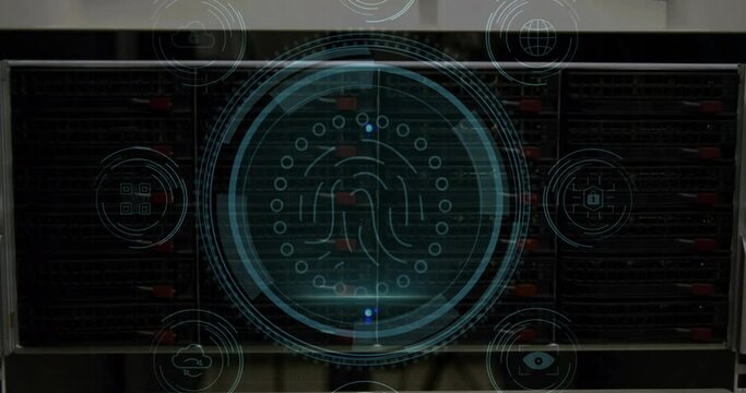 Animation of data protection text over shield, fingerprint in circles against electronic component