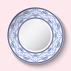 Ornamental porcelain dish with blue ethnic pattern in the style of Chinese painting on porcelain.