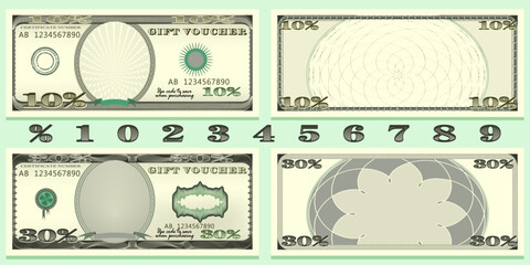 Gift card or voucher design template set. Banknote Bill with discount sale percent. Suitable for discount cards, leaflet, coupon, flyer, banners. Isolated on green background.
