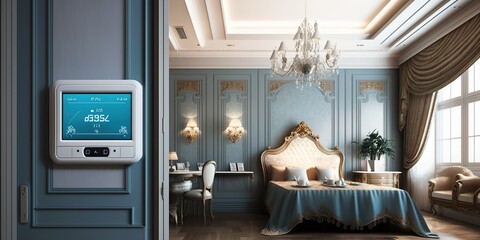 Smart home interior with information displays in style of 18 century, concept of vintage interior design, created with Generative AI technology