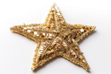 Golden sequin star patch isolated on white background. Beautiful decoration to shine bright on cool person's clothing. Generative AI