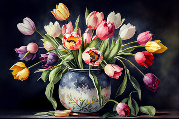 Fresh spring colorful bouquet of tulips in vase standing on black background with light classic design living room background. Festive flowers for gift. Watercolor flowers