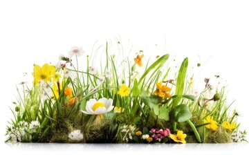 Fresh green grass and flowers in a collage on a white background. Seasonal spring. Generative AI
