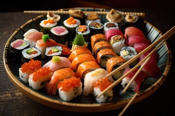 Sushi in the air presented on a dish with a colourful background. Chopsticks and a variety of popular sushi dishes. extremely high resolution. Generative AI