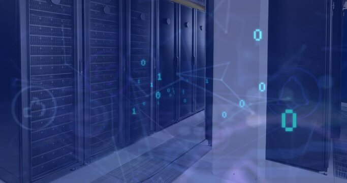 Animation of binary codes over connected icons against server room in background