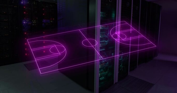 Animation of basketball court drawing over illuminated server room in background
