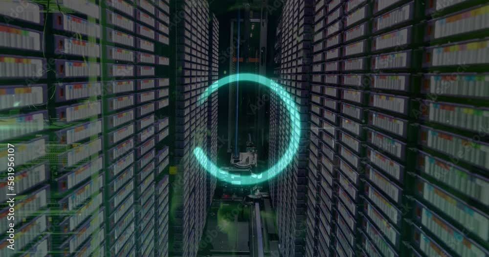Poster animation of loading circle over dots against server racks and equipment in background