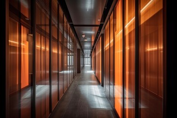 In a hip business hub, there is an unending vanishing hallway with a translucent wall. Generative AI