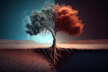 Plants and climate change with the concept of global warming. Tree with Climate change heat dryness withered earth